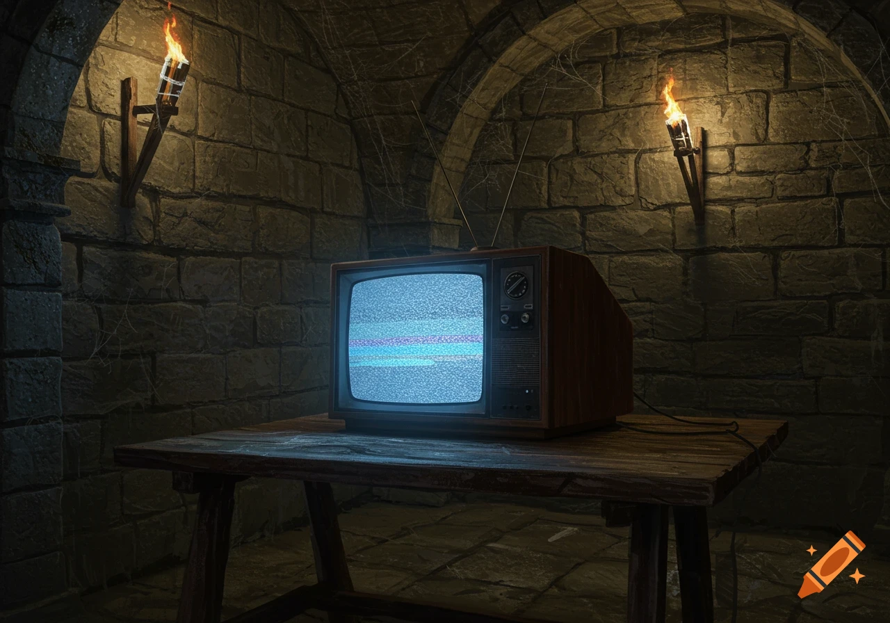 An old television with static on the screen sits on a table in a stone dungeon lit by torches.