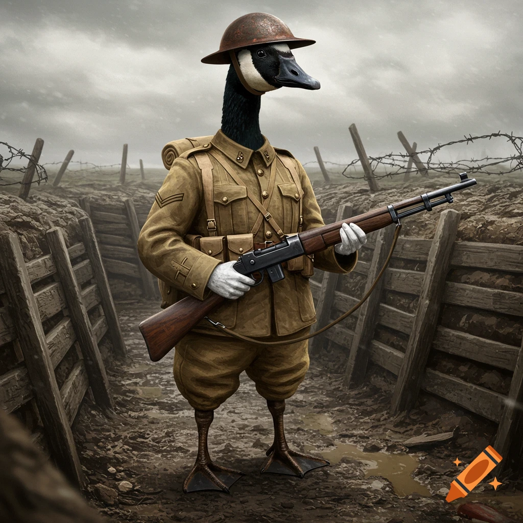 A Canadian goose dressed as a WWI infantry soldier standing in a trench, holding a rifle.