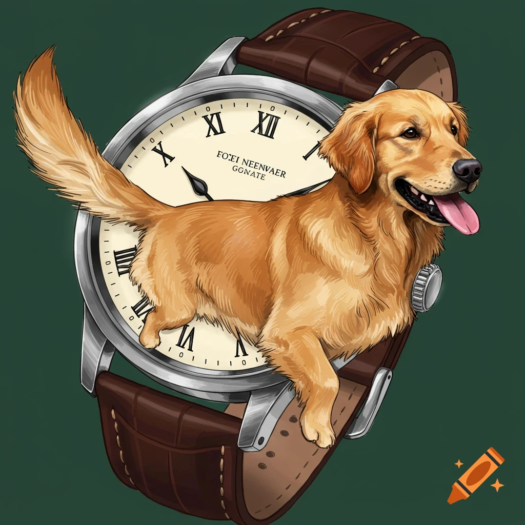 A golden retriever dog illustrated over a wristwatch.
