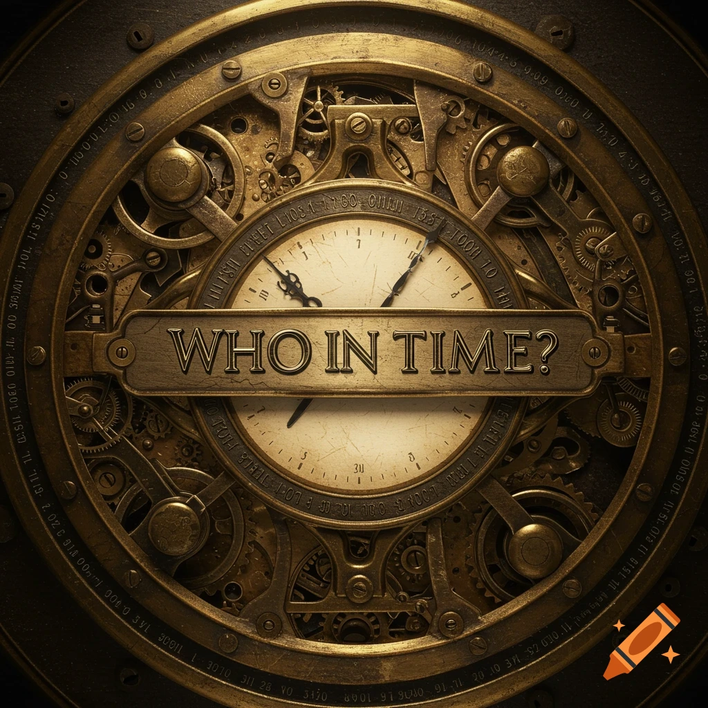 A detailed brass and metal mechanical clock or watch with visible gears and mechanisms. A central banner across the face reads "WHO IN TIME?".