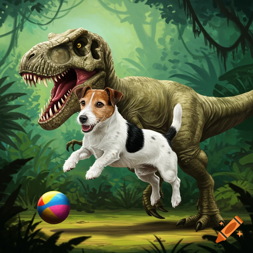 A Jack Russell dog jumps near a large T-Rex in a jungle, with a colorful ball.