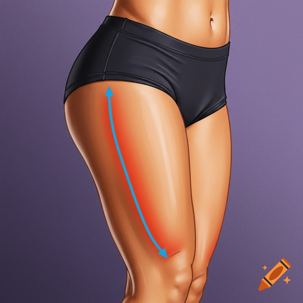 A person's thighs and hip are shown with an arrow indicating an area.