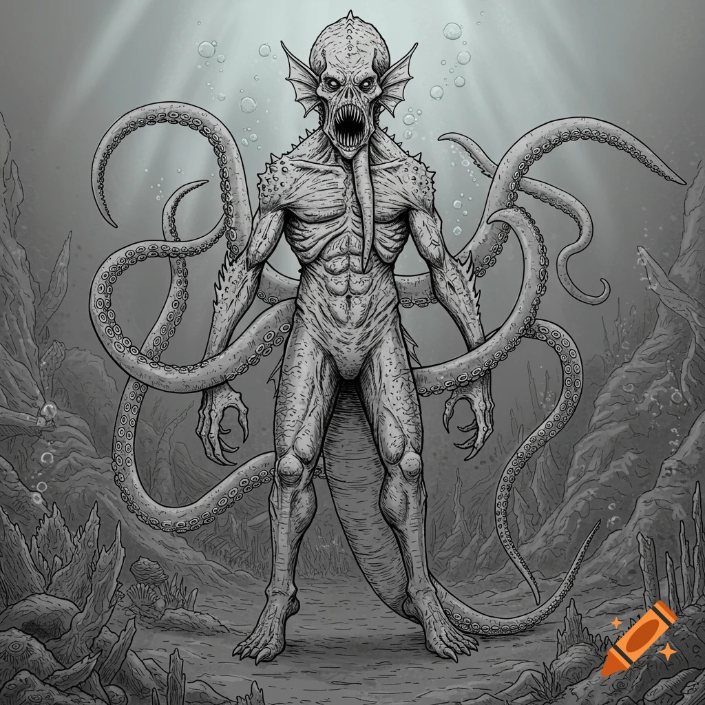 Black and white line art of a monstrous underwater creature with tentacles and a fish head.