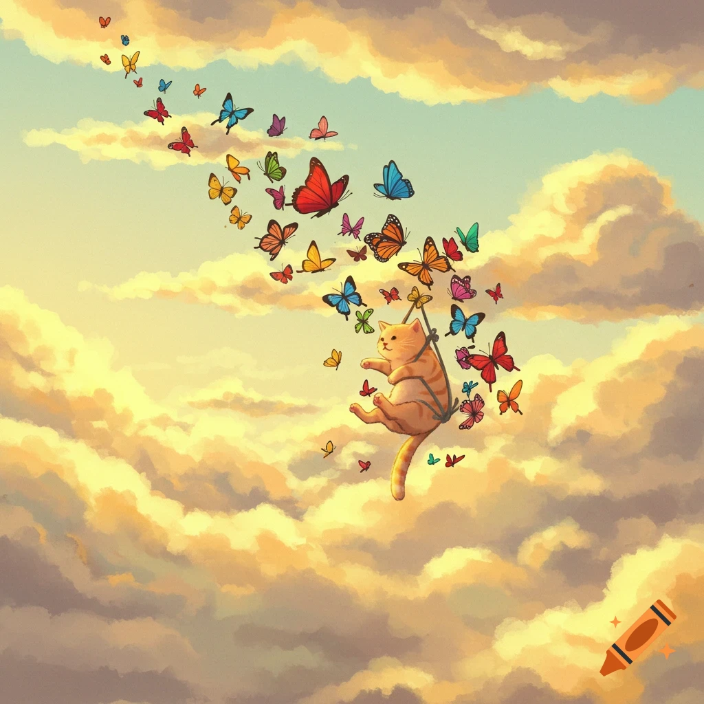 A cat being carried by colorful butterflies through sunny clouds.