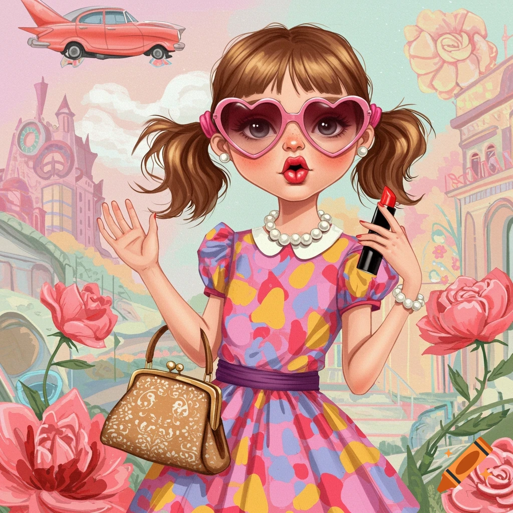 Illustration of a girl in heart sunglasses and colorful dress holding lipstick and handbag in a fantasy city with a flying car.