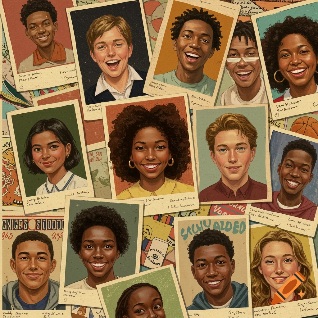 Collage of diverse student portraits in a vintage yearbook style.