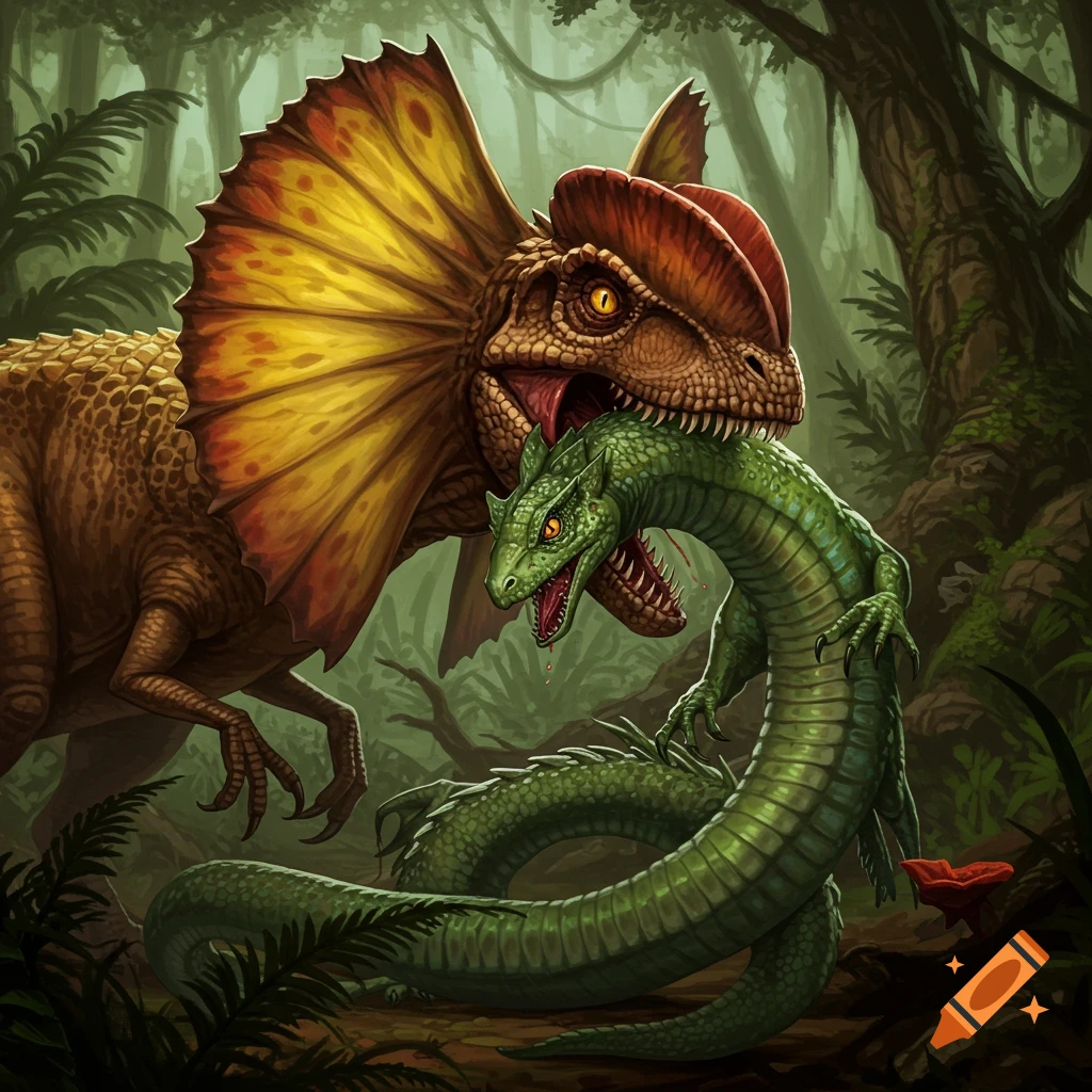 A Dilophosaurus eating a green basilisk in a jungle.