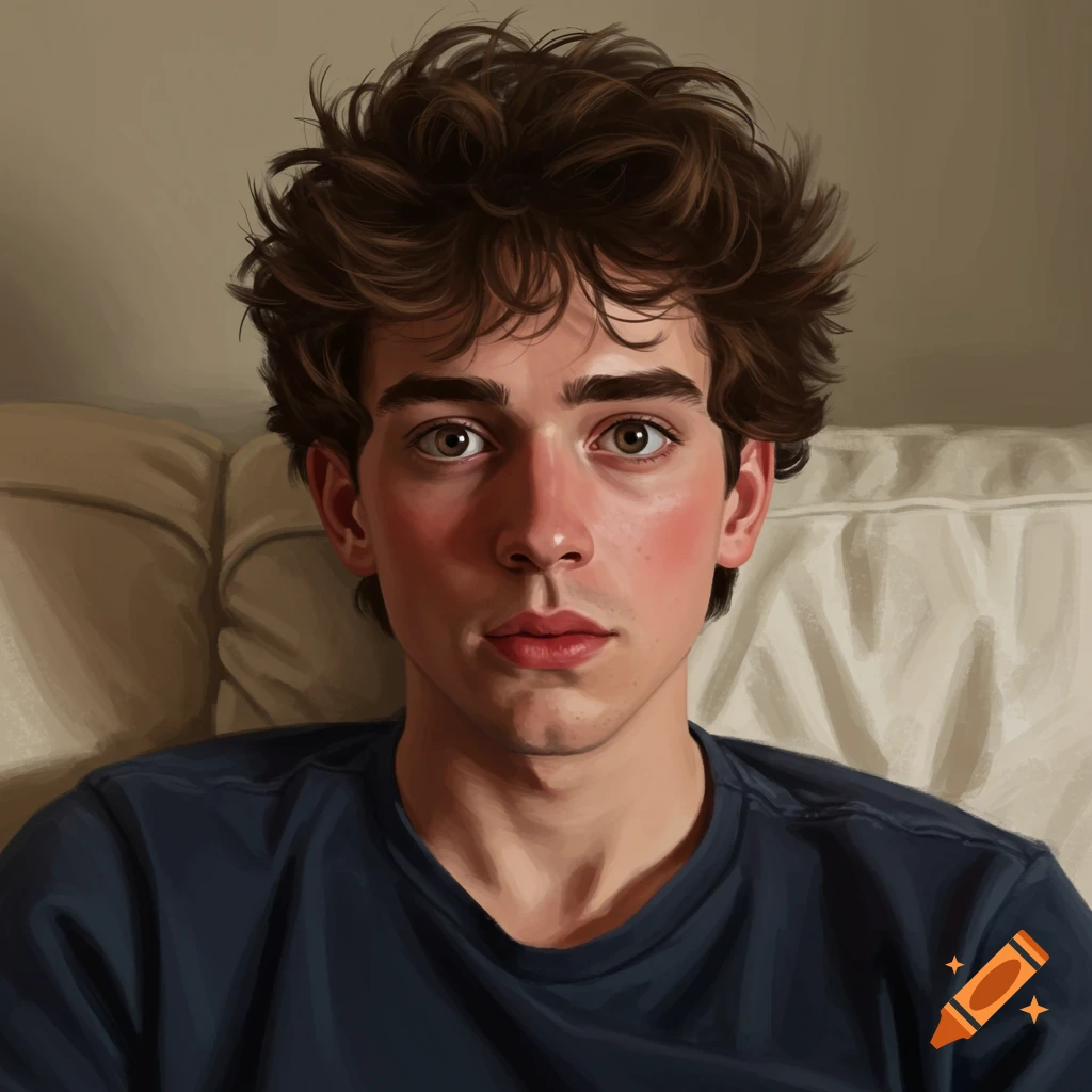 A young man with brown hair and big eyes is sitting on a couch.