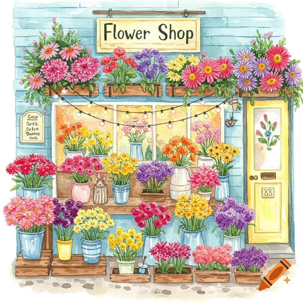 A watercolor painting of a colorful flower shop exterior with flowers in pots and window boxes, string lights, and a yellow door.