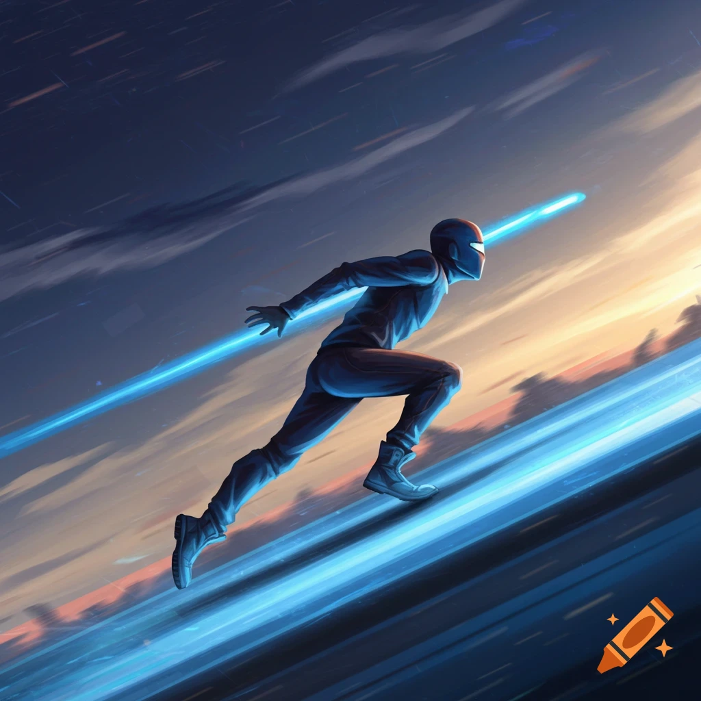A person in a dark suit and helmet is running, leaving a bright blue trail behind them, against a sky background.