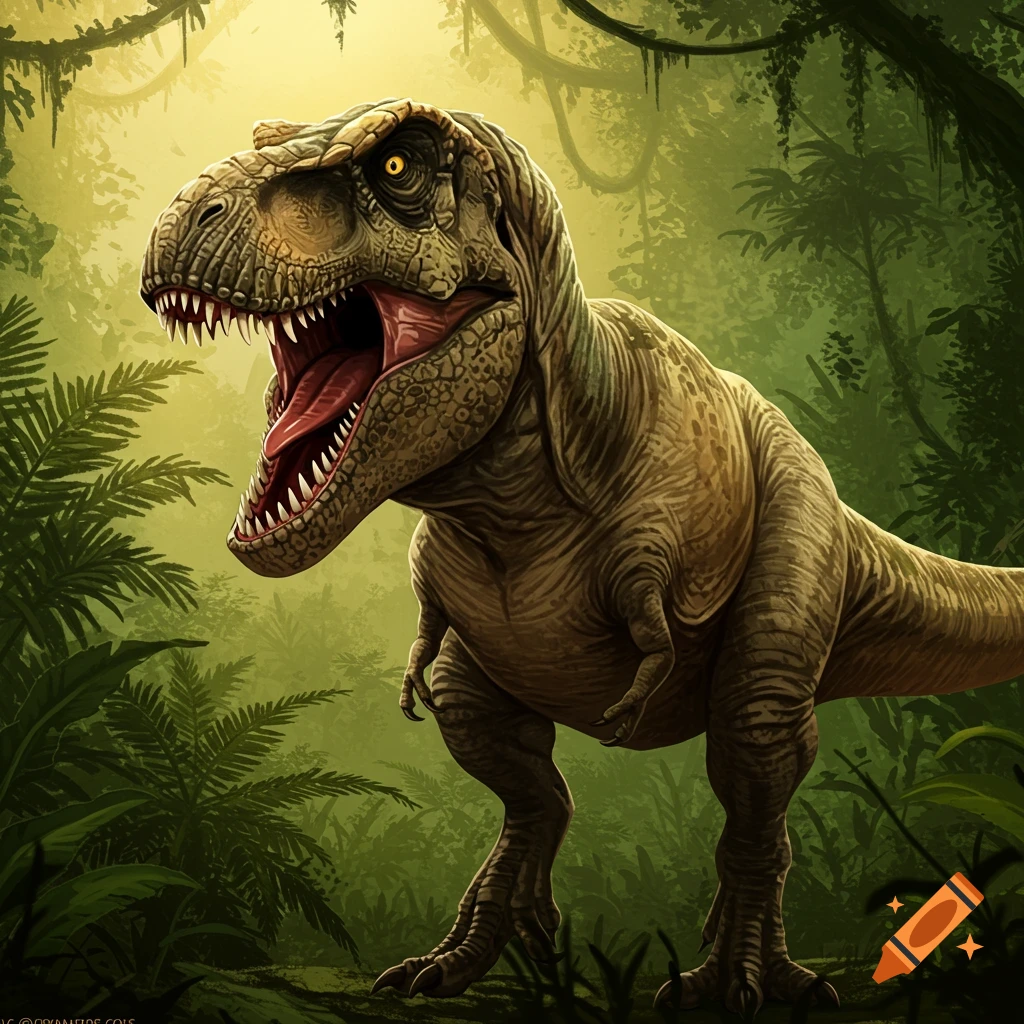 A roaring Tyrannosaurus Rex in a jungle.