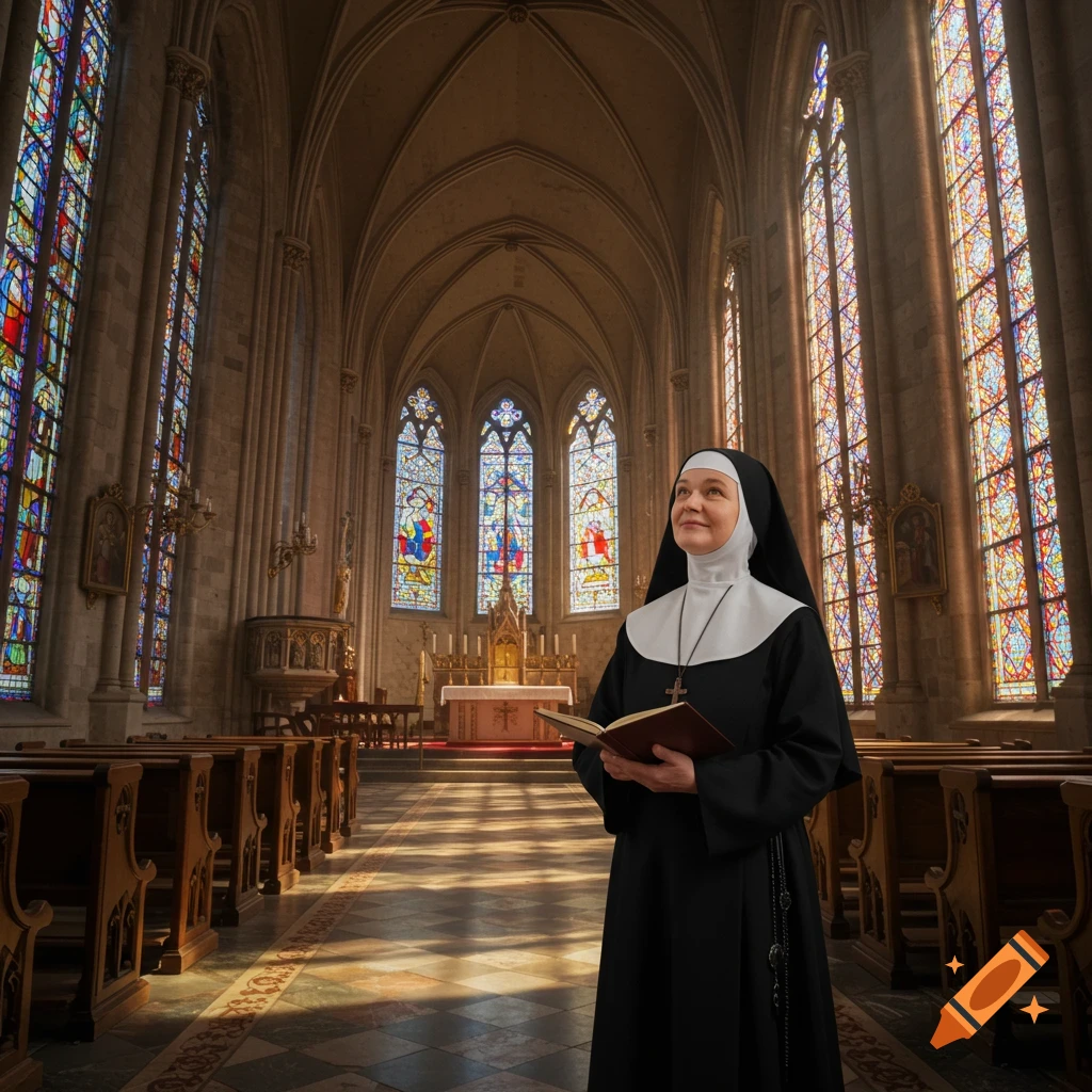 A nun stands in a sunlit church, holding an open book and looking towards the heavens.