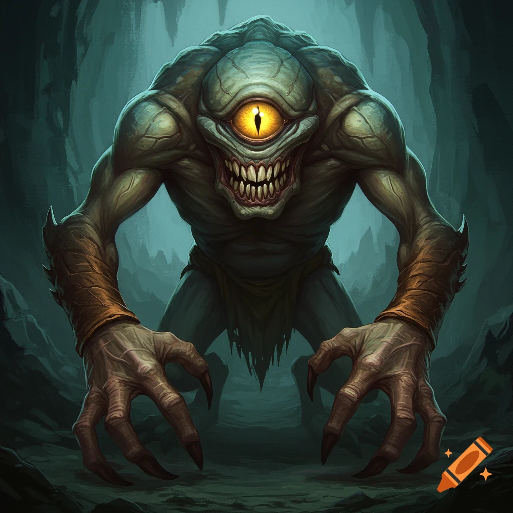 A one-eyed monster with large hands and small legs stands in a dark cave.