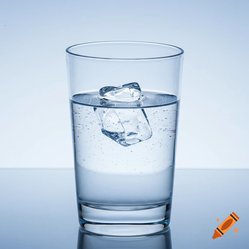 A clear glass filled with water and two ice cubes, resting on a reflective surface.