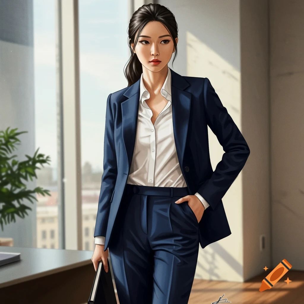 A business woman in a dark blue suit stands in an office.