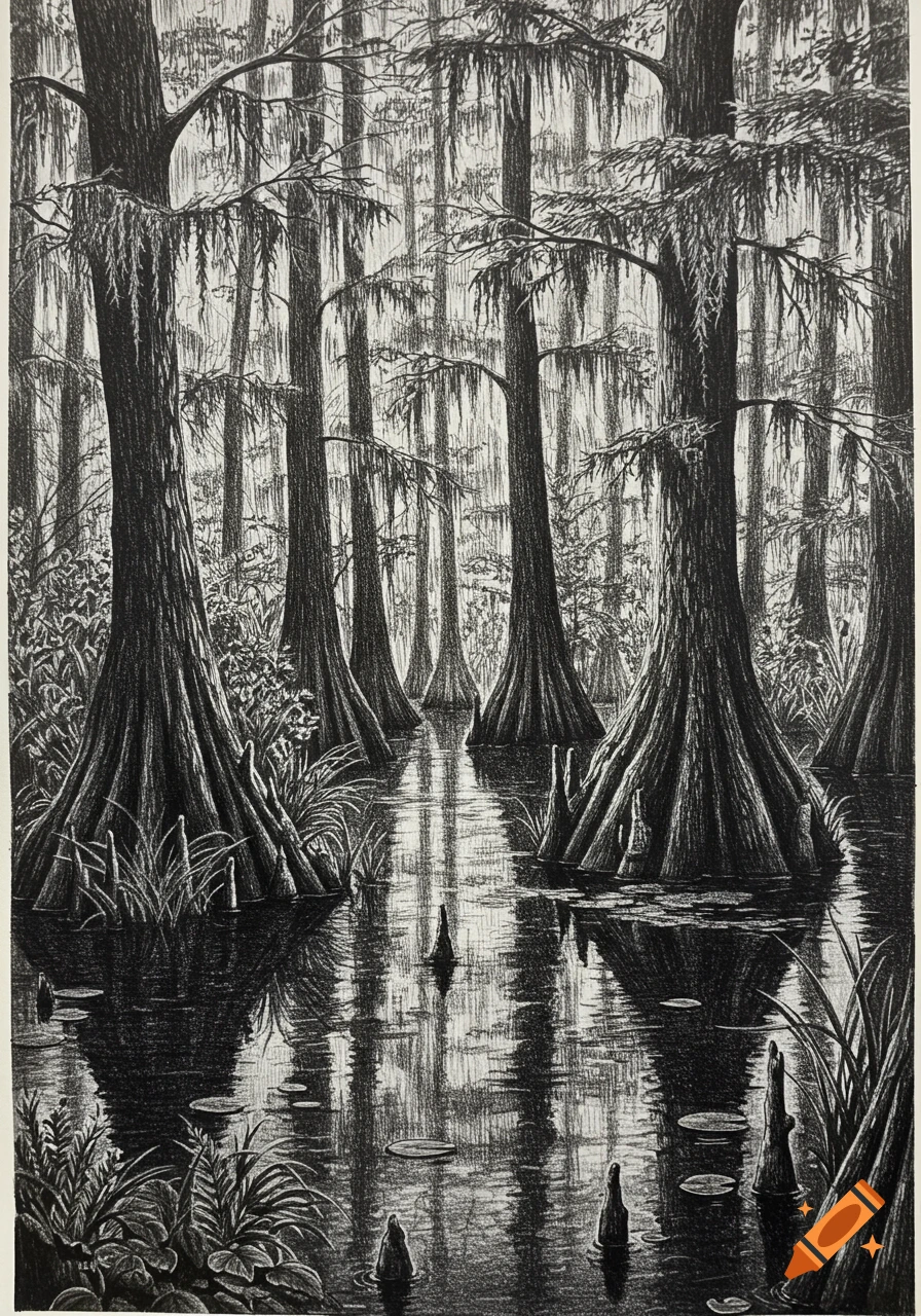 Black and white pencil drawing of a swamp with tall trees, moss, and water.