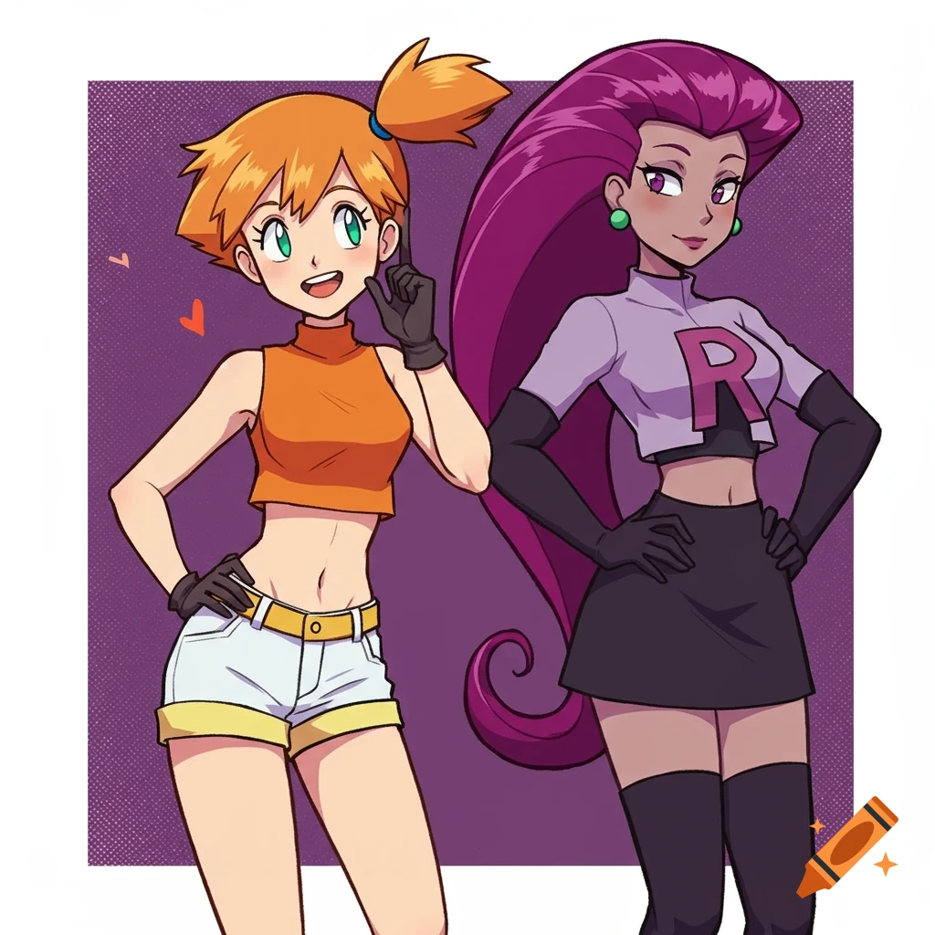Misty and Jessie from Pokemon dressed in each other's outfits, anime style illustration