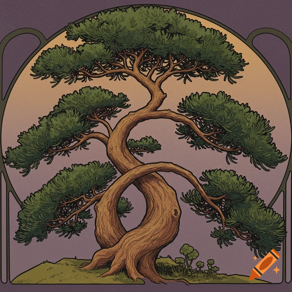 Stylized pine tree in an Art Nouveau frame.