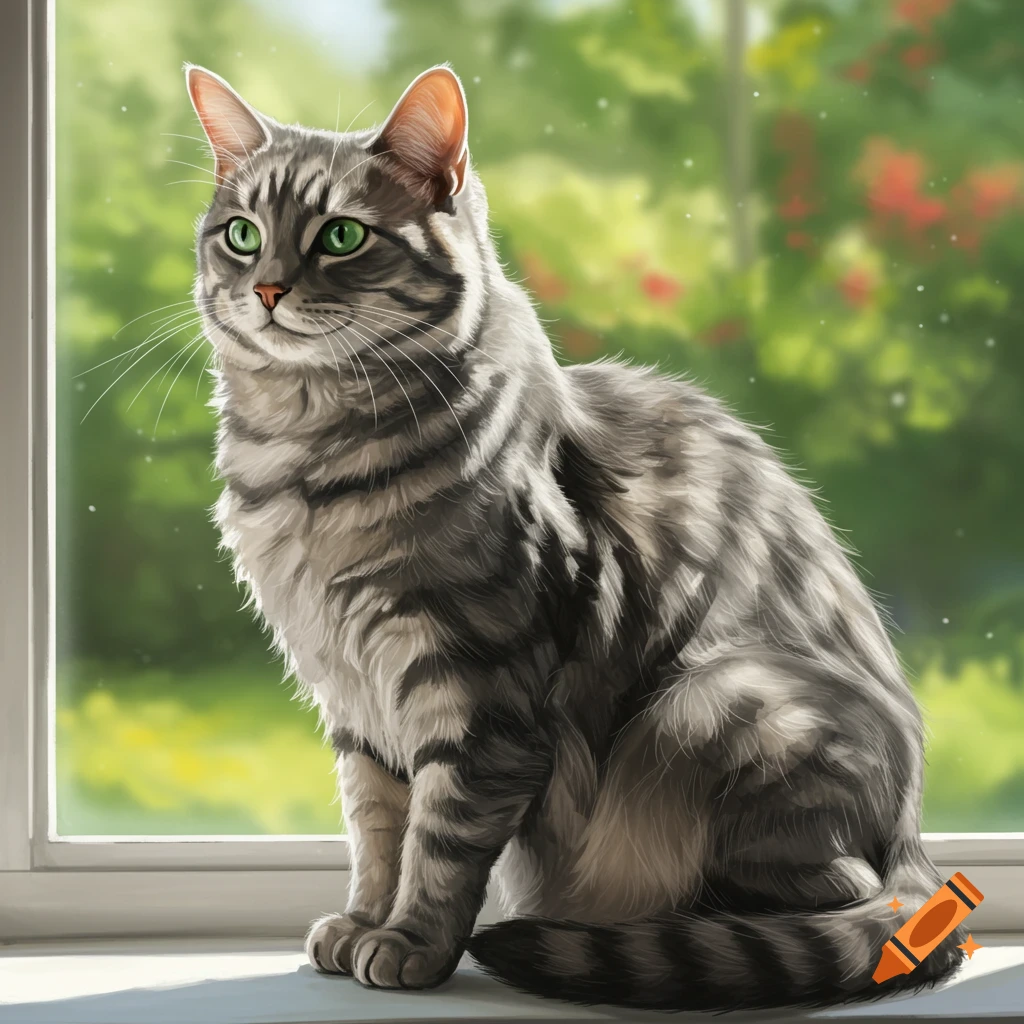 A grey tabby cat sitting on a windowsill.