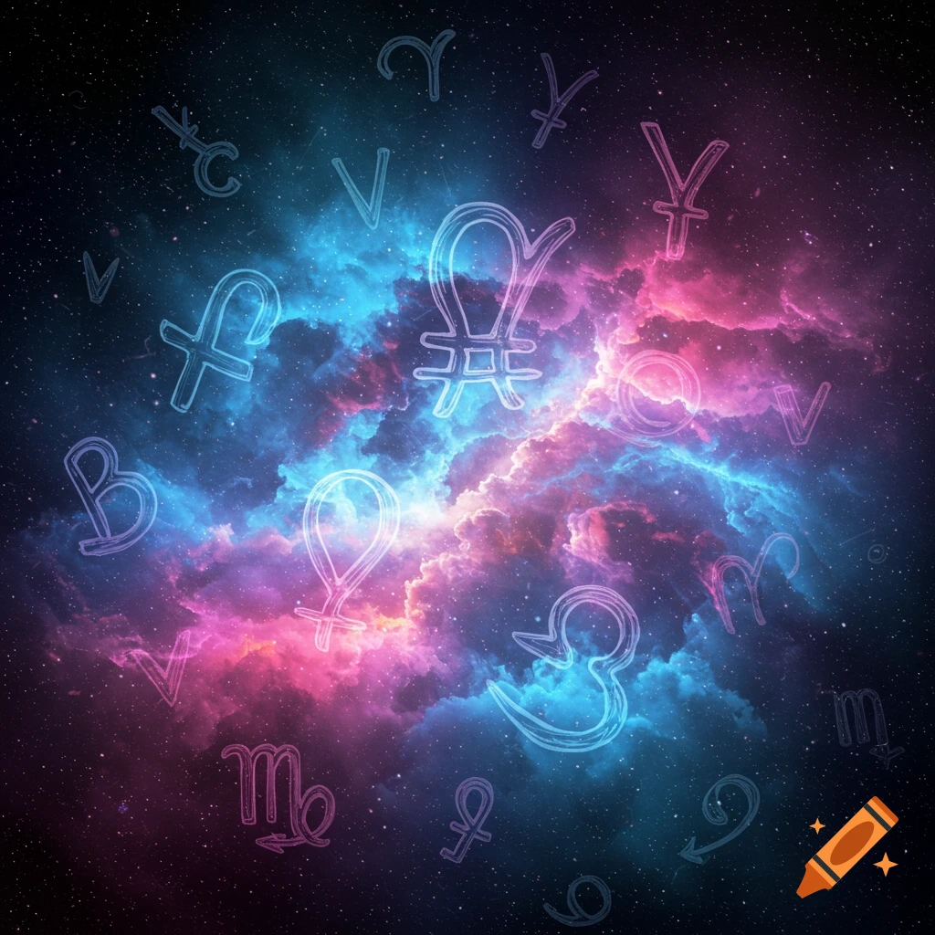 Nebula cloud in shades of pink and blue with various glowing white symbols floating in space.