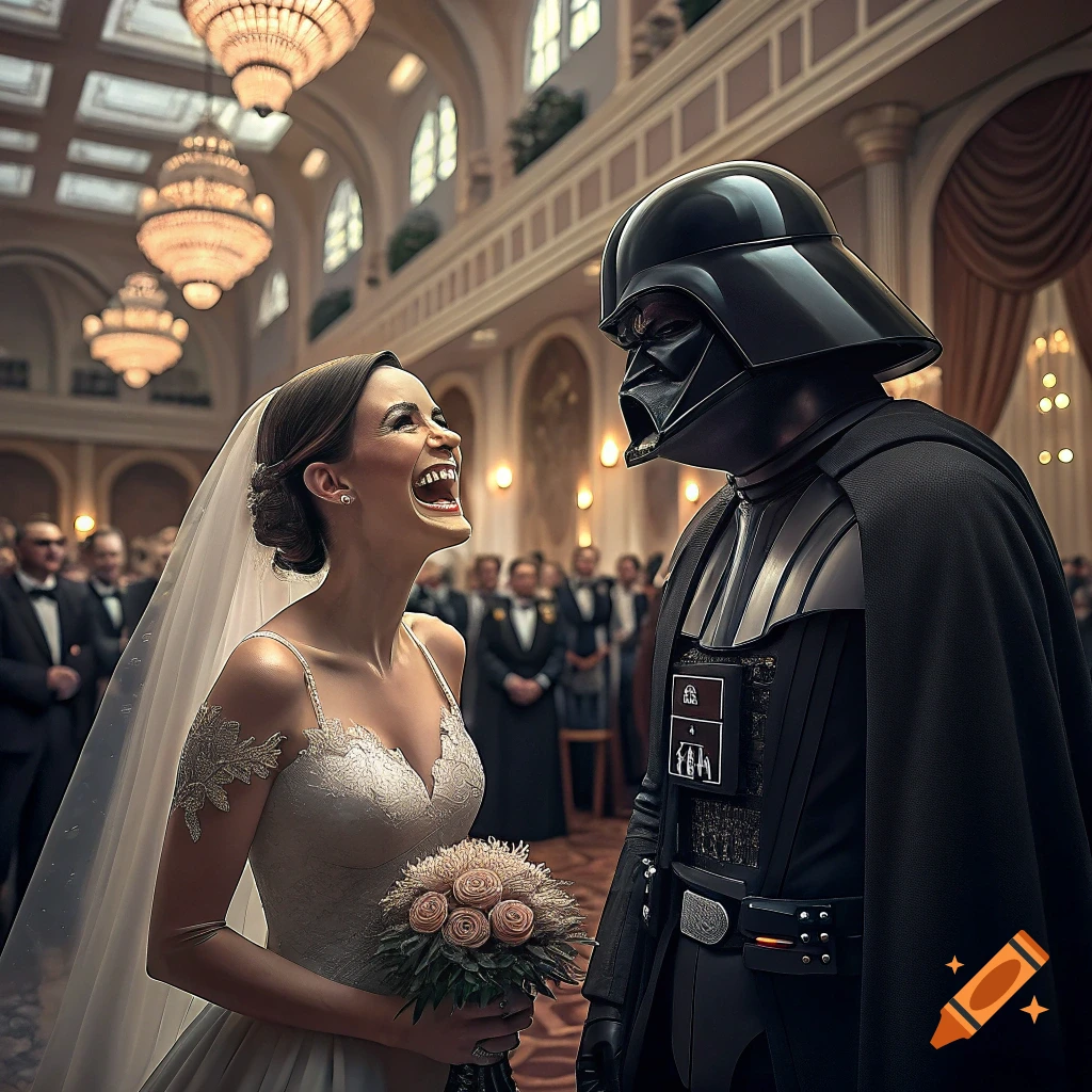 Happy bride laughing at Darth Vader during a wedding ceremony in a hall
