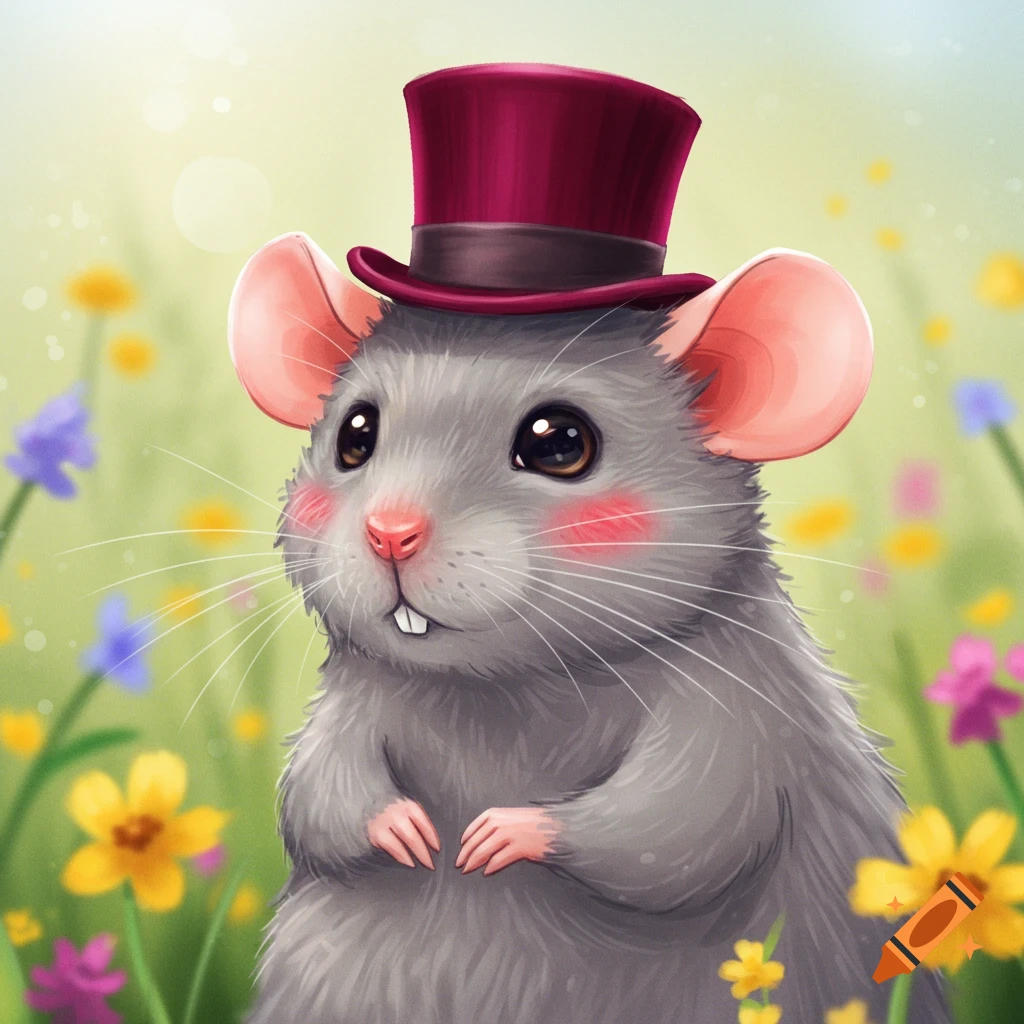 A cute cartoon rat wearing a maroon top hat in a field of colorful flowers.
