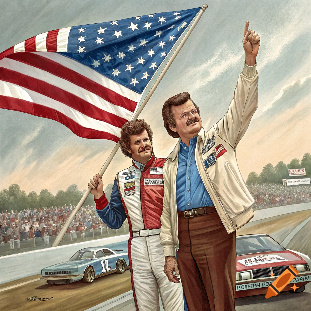 Illustration of two men holding an American flag at a race track with cars.