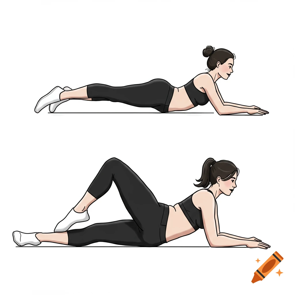 Illustration of a woman doing floor exercises on a white background, in two poses.