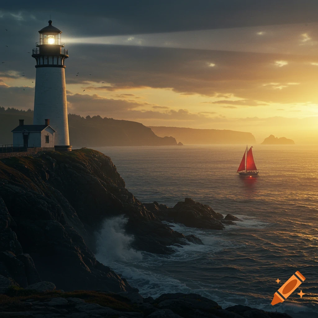 A lighthouse on a rocky cliff overlooks the ocean at sunset. A sailboat with red sails is on the water.