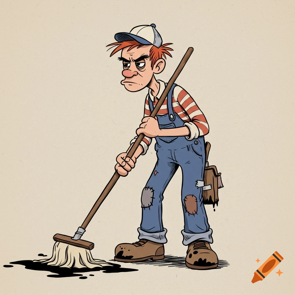 Lanky cartoon janitor in overalls mops up black ink spill, 1930s rubber hose animation style.