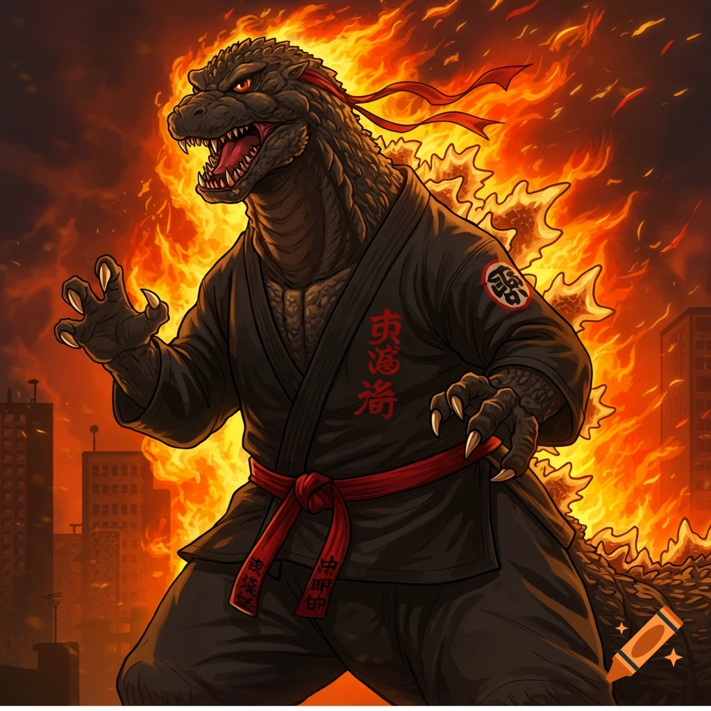 Godzilla in a black gi and red belt, standing ready in a fiery city