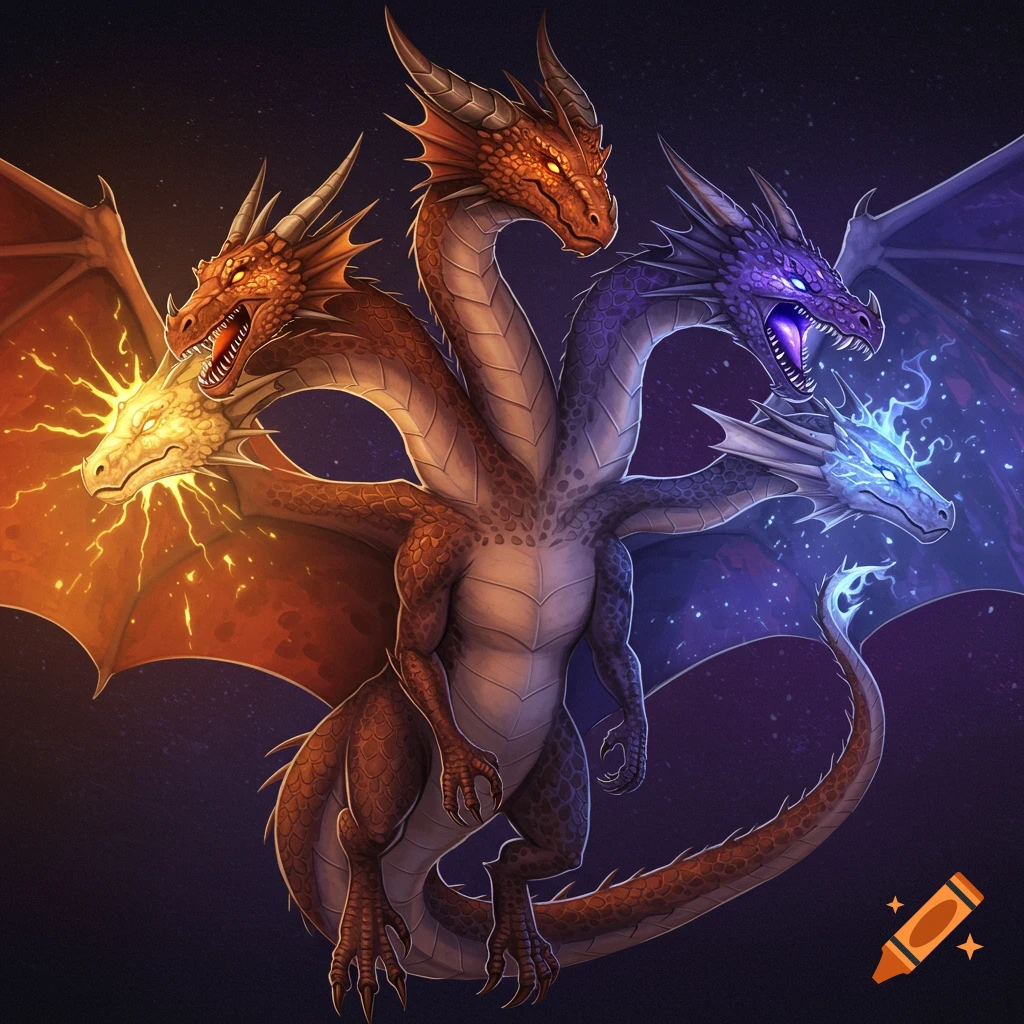 A four-headed fantasy dragon with elemental powers.