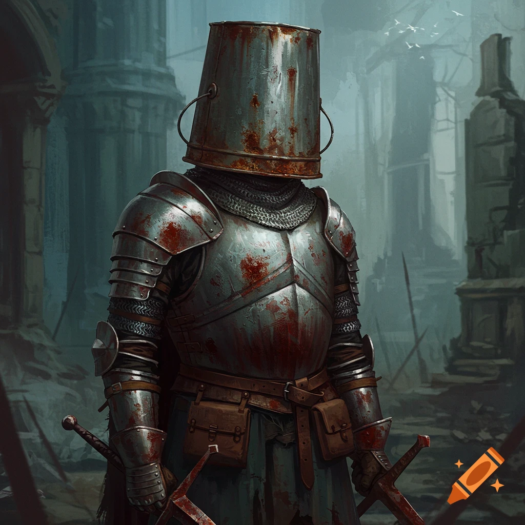 Blood-spattered knight with a bucket helmet and swords standing in ruins.