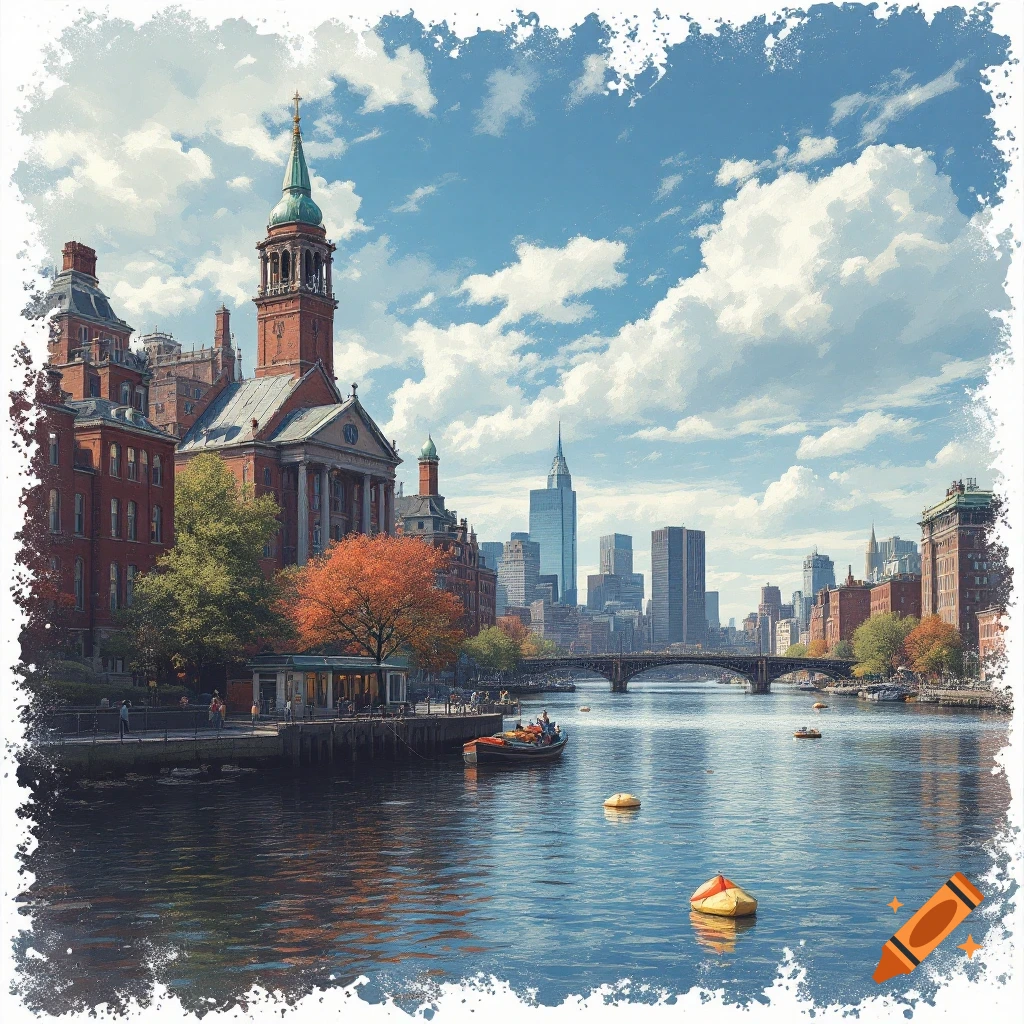 A city with a river, church, bridge, and skyline.