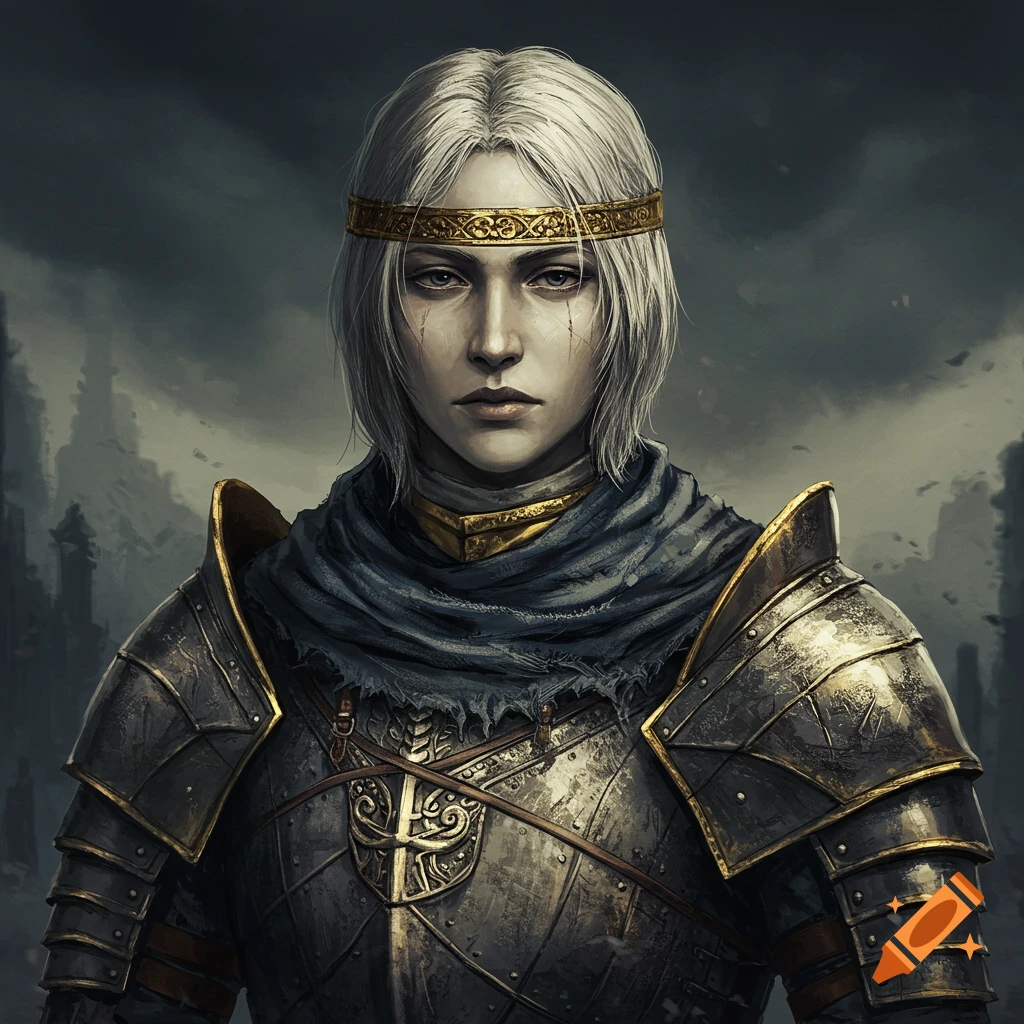 A person with white hair wearing ornate fantasy armor and a headband.