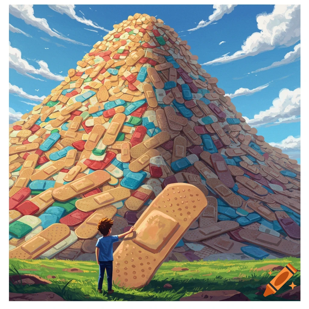 A boy stands before a giant mountain of bandaids under a blue sky.