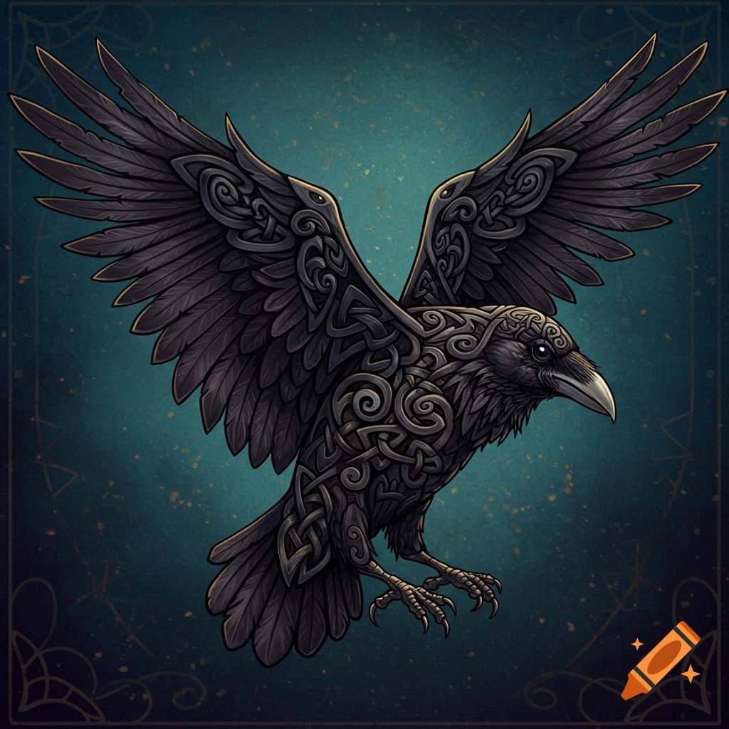 A black raven with wings spread, featuring intricate Celtic knot designs.