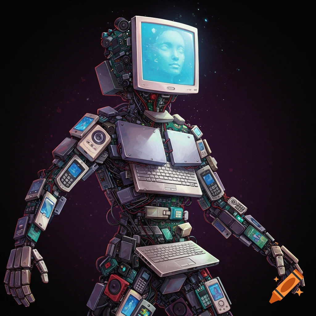 Painting of a person made of computers and cell phones