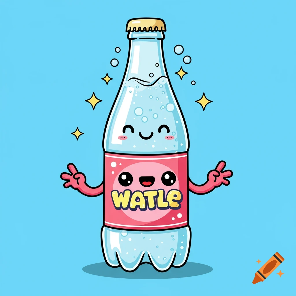 Cartoon sparkling water bottle with a face and arms on a blue background