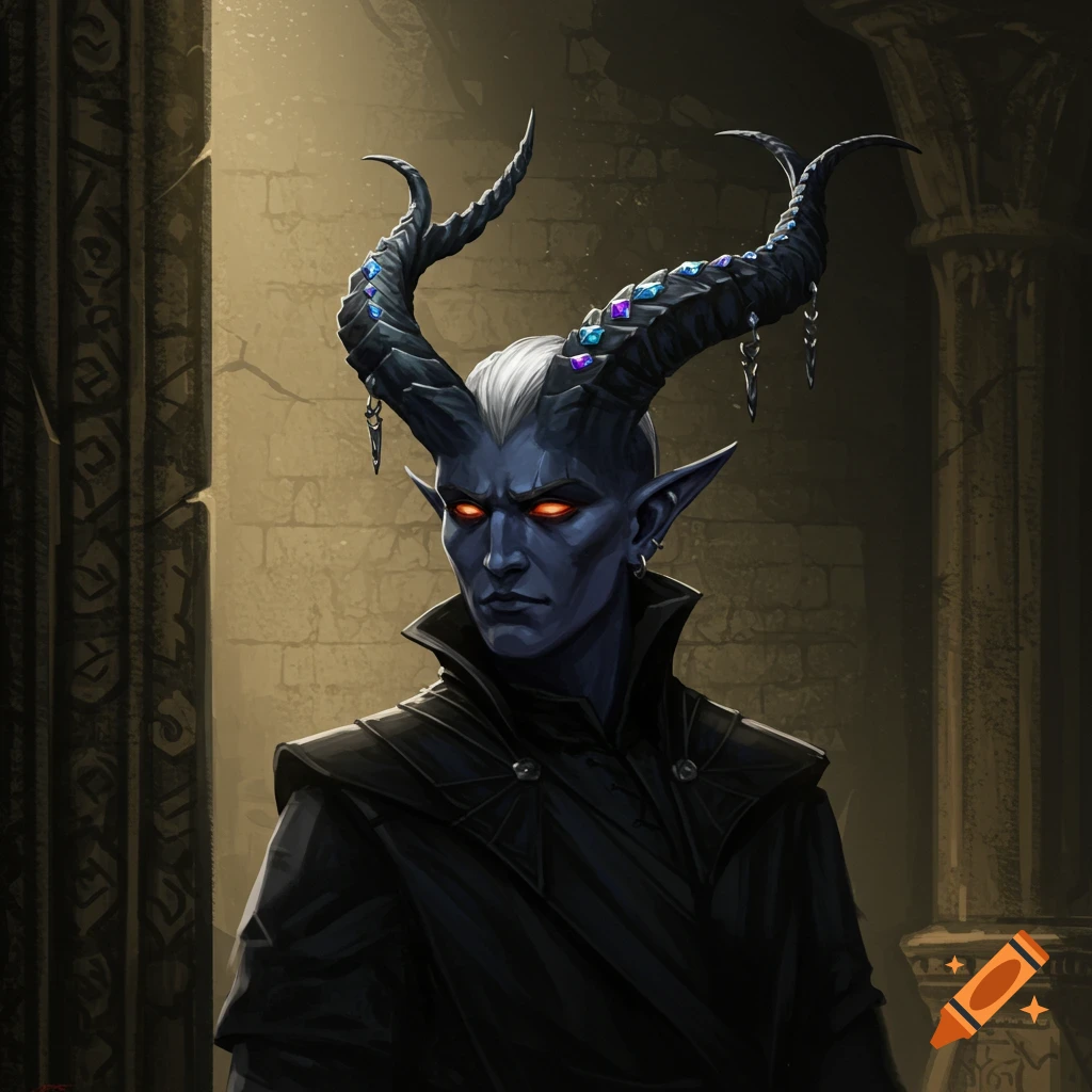 A blue-skinned Tiefling with jeweled horns and black clothing stands in a stone corridor.