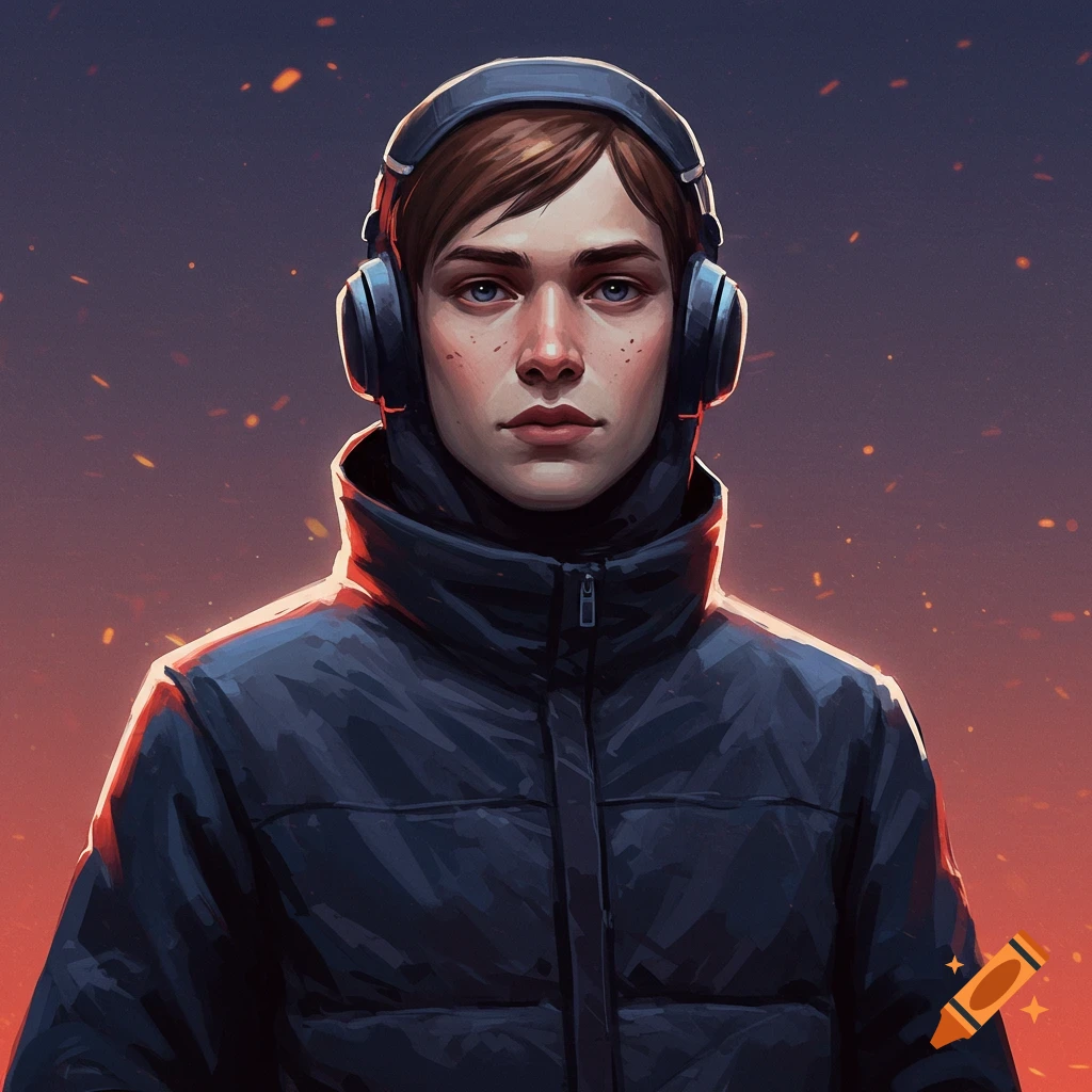 A portrait of a young person wearing headphones and a puffer jacket, set against a dramatic sky.