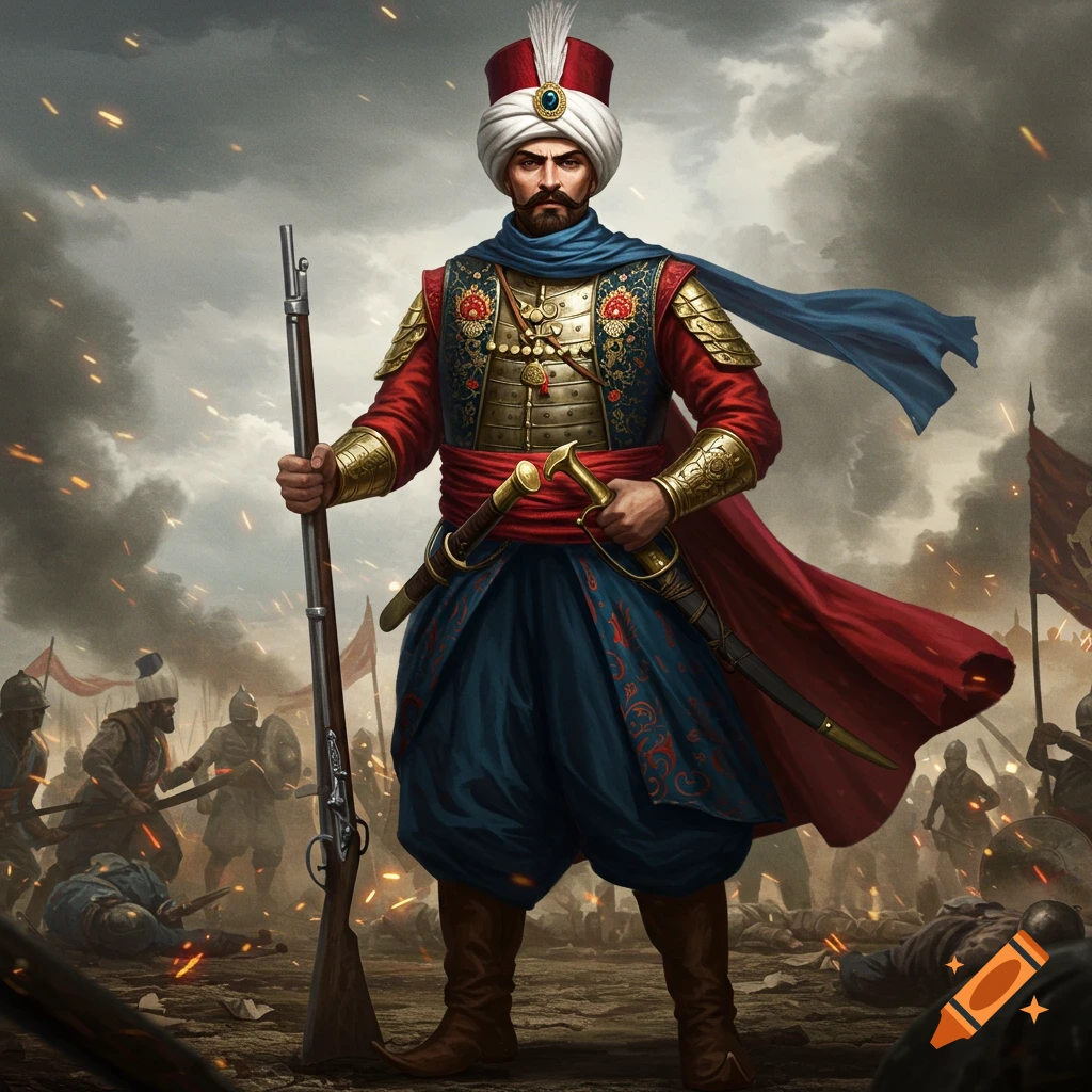 Image of a Janissary soldier in elaborate attire standing on a battlefield holding a rifle and sword.