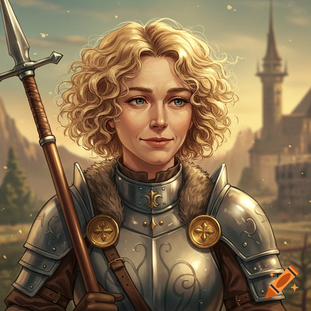 Illustration of a female warrior with curly blonde hair in armor holding a spear, with a castle behind her.