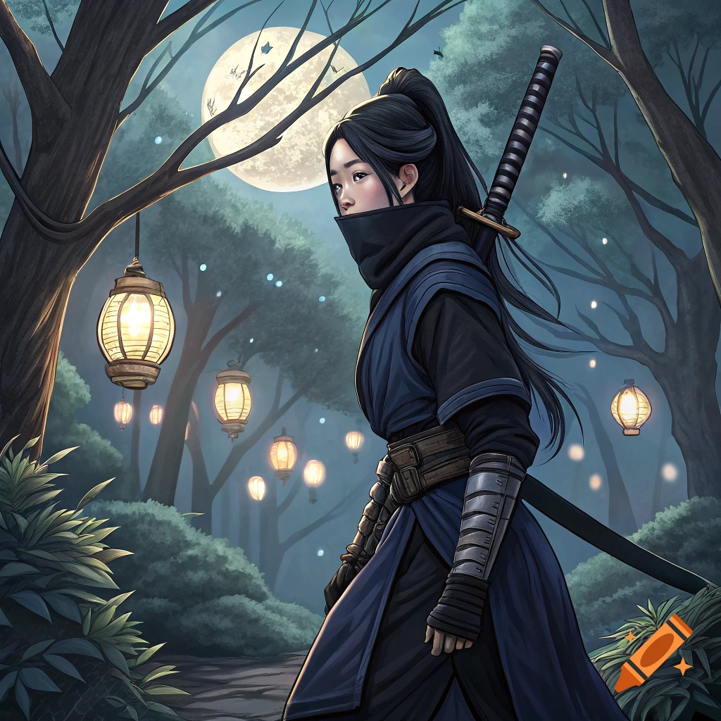 A person dressed as a ninja stands in a forest at night with glowing lanterns and a full moon.