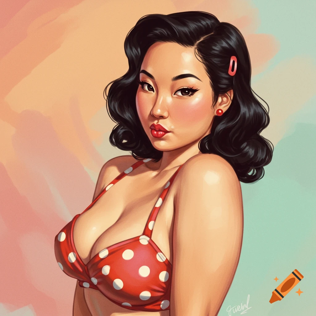 An East Asian woman is wearing a red polka dot bikini.