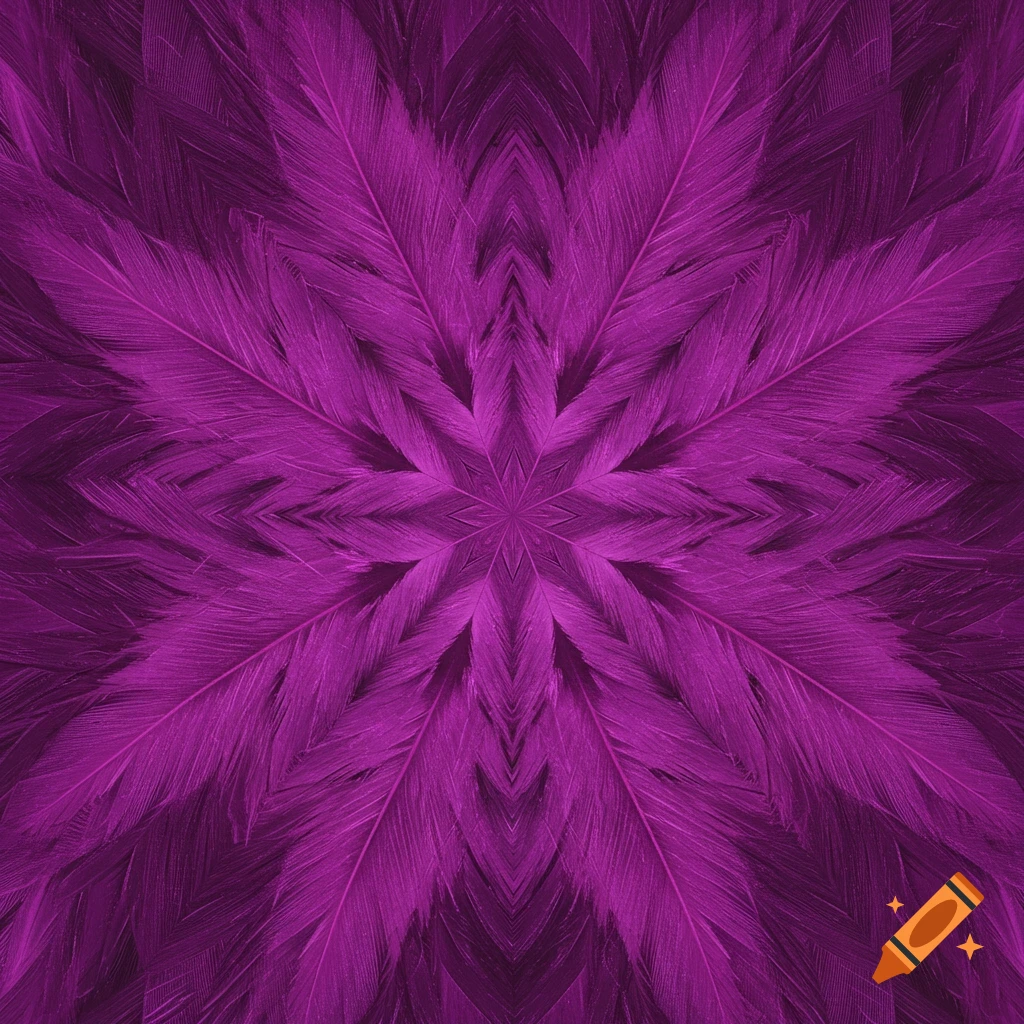 An abstract symmetrical pattern of purple feathers in a kaleidoscope style.
