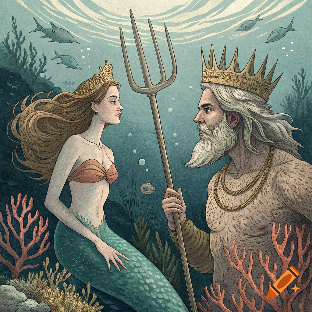 An illustration of a mermaid and King Neptune facing each other underwater, in a style parodying American Gothic.