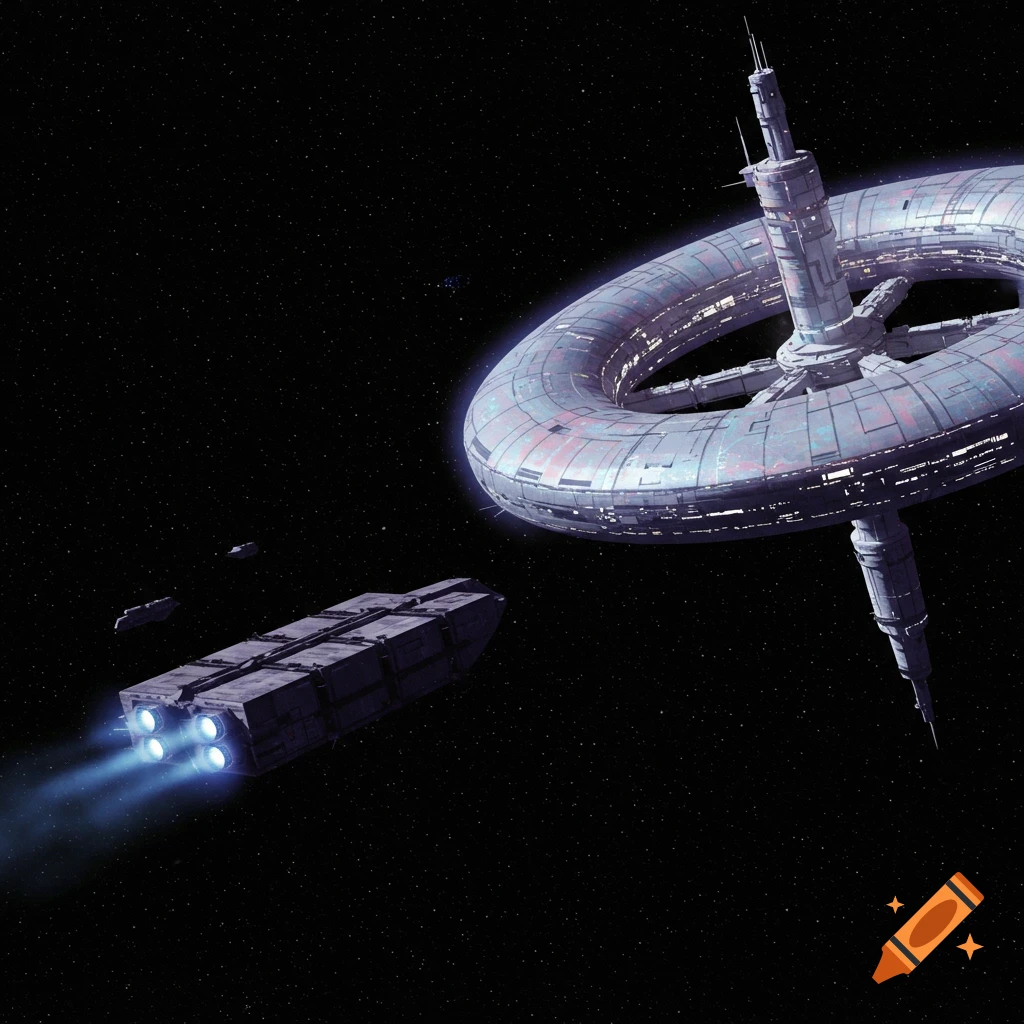 A cargo spaceship approaches a large space station in outer space.