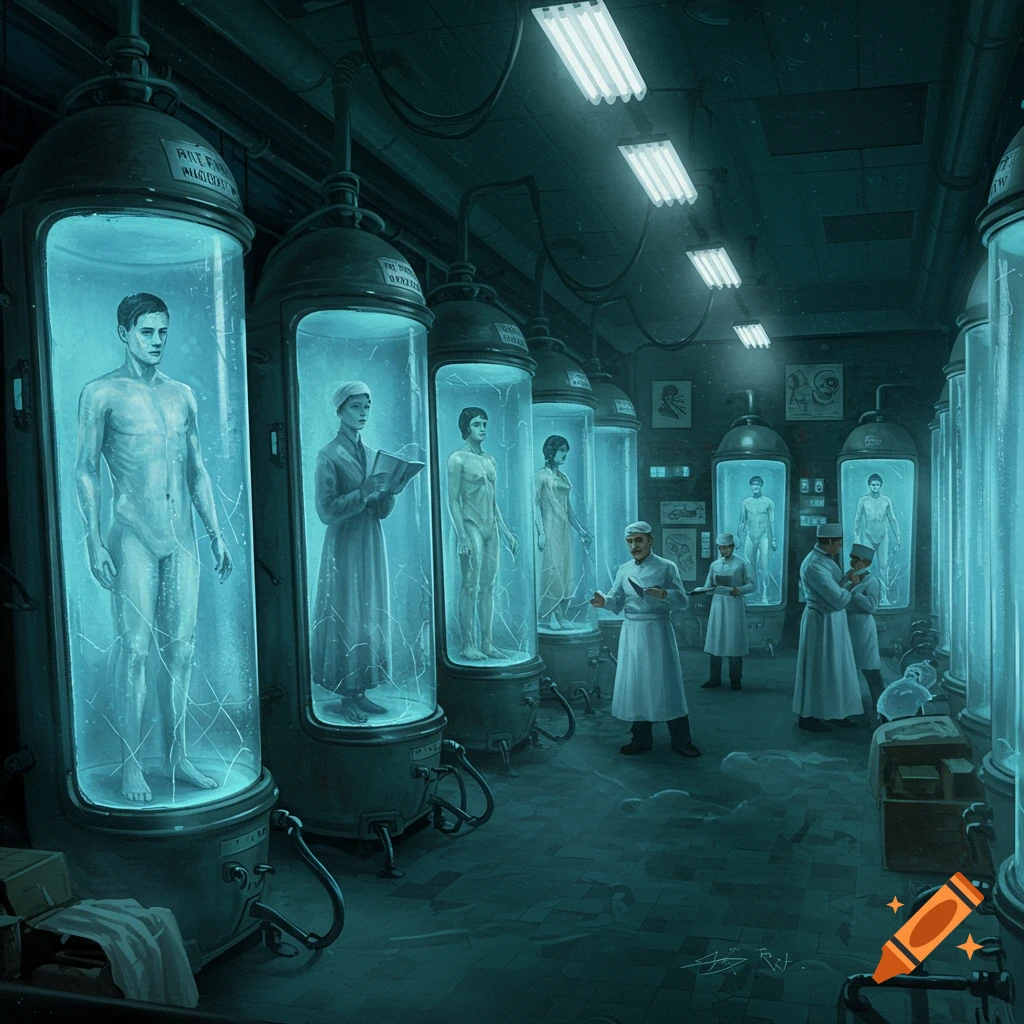 A cryogenic morgue with bodies in tanks and people in lab coats.