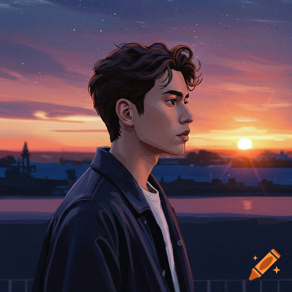 A young man gazes at a sunset over a city skyline.